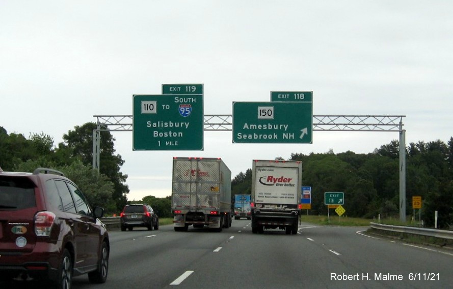 Image of overhead ramp sign for MA 150 exit with new milepost based exit number on I-495 North in Amesbury, June 2021