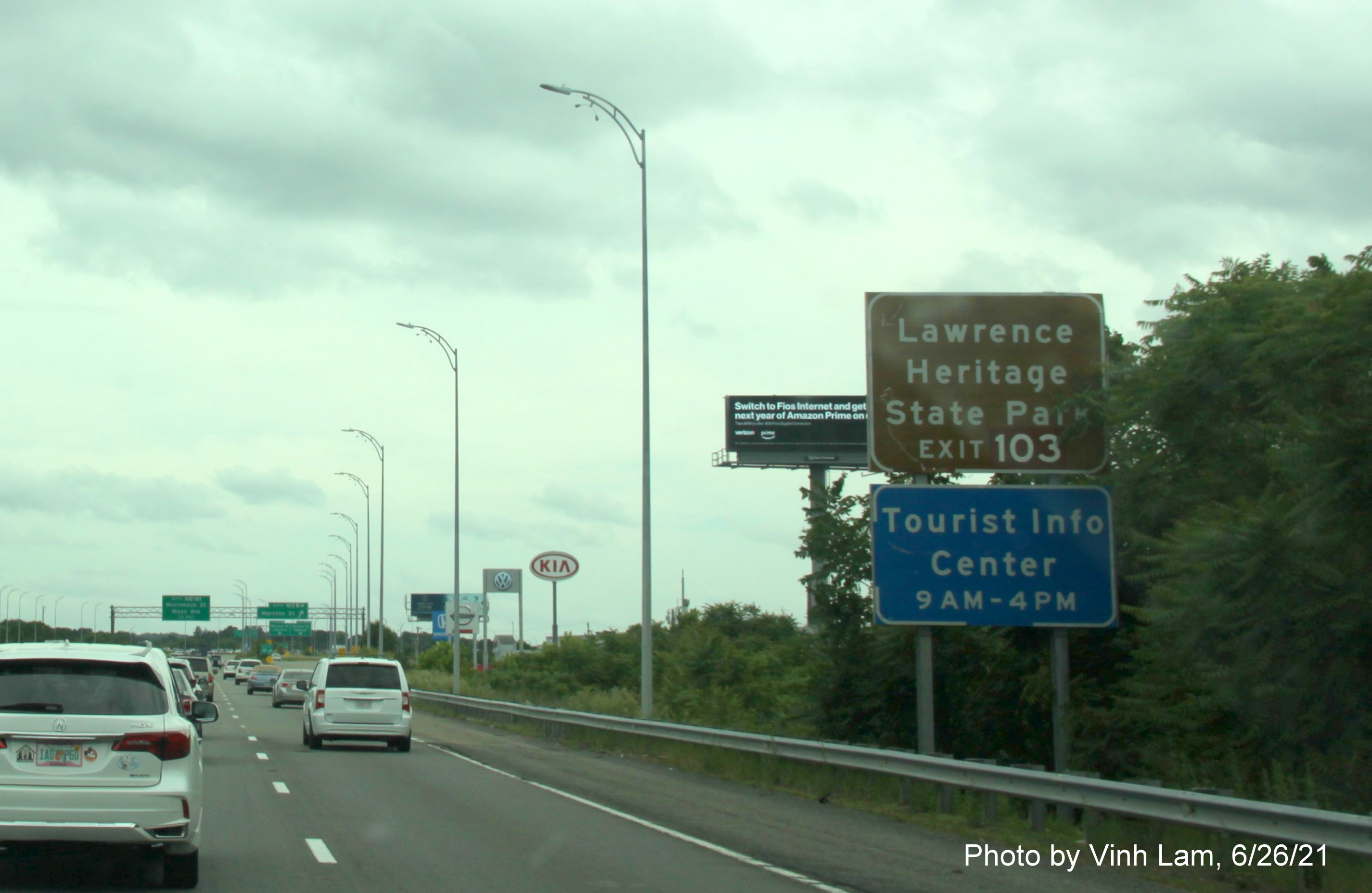 Image of brown auxiliary sign for Marston Street exit with new milepost based exit number on 
                                             I-495 South in Lawrence, photo by Vinh Lam, June 2021
