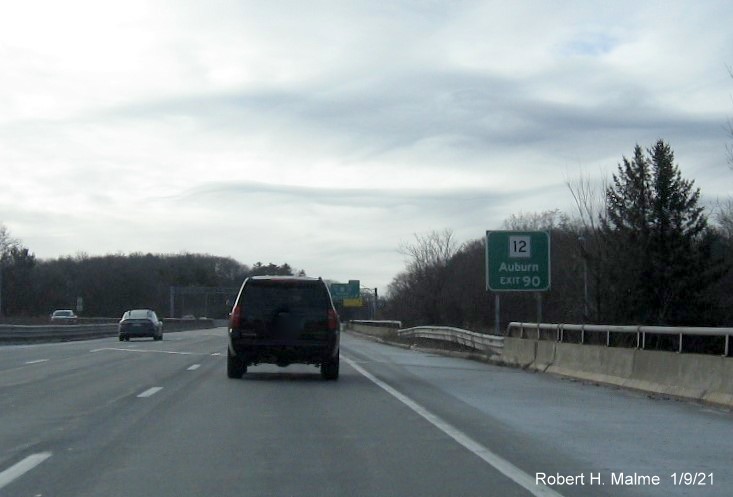 Image of Route 12 auxiliary sign for I-290/I-395/MA 12 exit with new milepost based exit number on I-90/Mass Pike West in Auburn, by Vinh Lam, December 2020