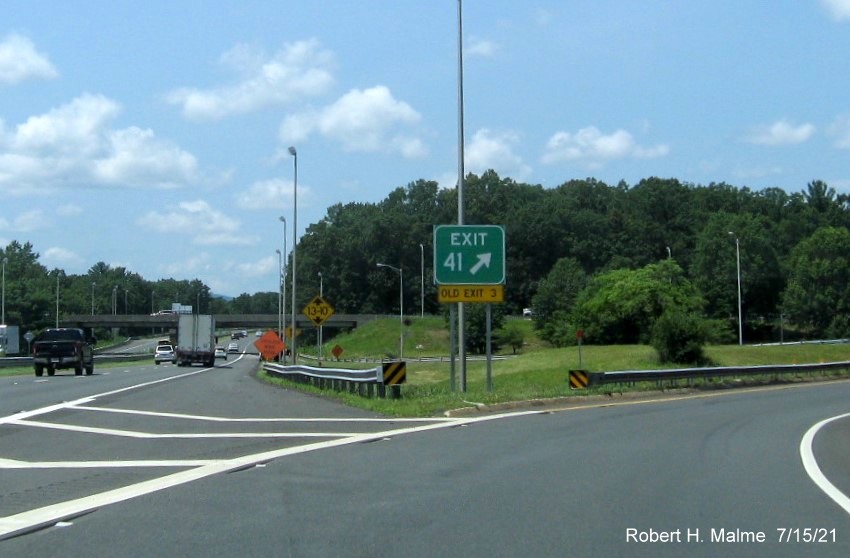 Image of gore sign for US 202/MA 10 exit with new milepost based exit number and yellow Old Exit 3 sign attached below on I-90/Mass Pike West in Westfield, July 2021