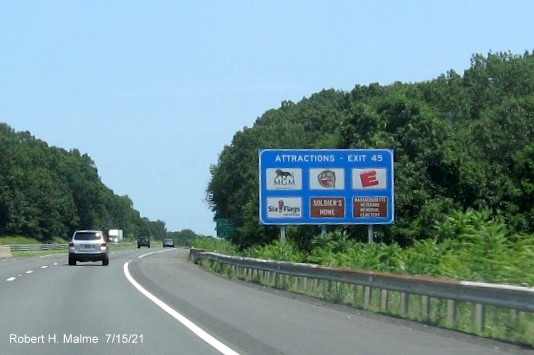 Image of auxiliary sign for I-91/US 5 exit with new milepost based exit number on I-90/Mass Pike East in West Springfield, July 2021