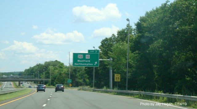 Image of overhead off-ramp sign for US 202/MA 10 exit on I-90/Mass Pike East in Westfield, by Jay Hogan