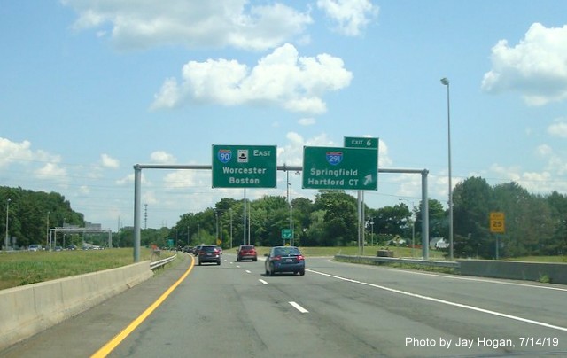 Image of overhead signs at ramp to I-291 (West) on I-90/Mass Pike East in Chicopee, by Jay Hogan