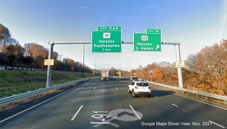 Image of overhead signage at ramp for US 202 exit with new milepost based exit number on I-91 North in Holyoke, Google Maps Street View image, November 2021