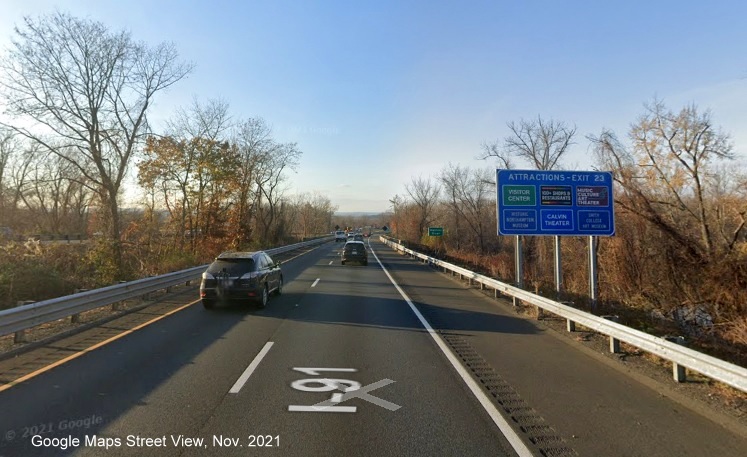Image of blue Attractions sign for US 5 exit with new milepost based exit number on I-91 North in Northampton, Google Maps Street View image, November 2021