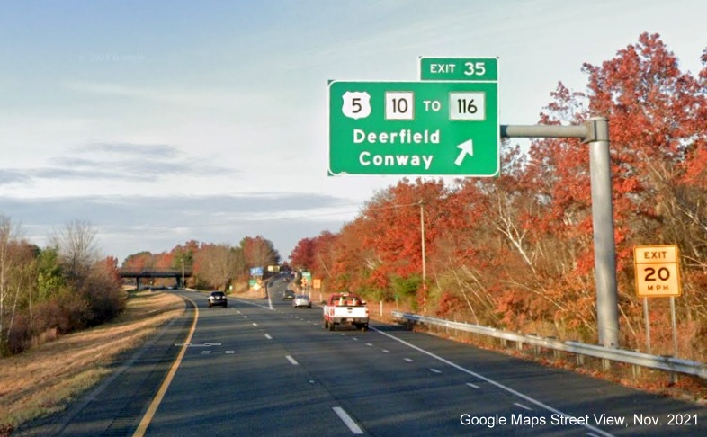 Image of overhead ramp sign for US 5/MA 10 to MA 116 exit with new milepost based exit number on I-91 North in Deerfield, Google Maps Street View image, November 2021