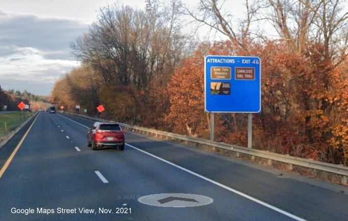 Image of blue attractions services sign for MA 2 East exit with new milepost based exit number on I-91 North in Greenfield, Google Maps Street View image, November 2021