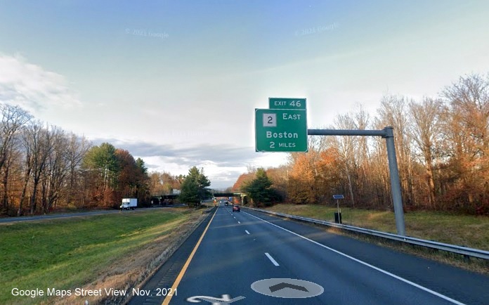 Image of 2 Miles advance overhead sign for MA 2 East exit with new milepost based exit number on I-91 North in Greenfield, Google Maps Street View image, November 2021