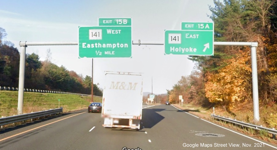 Image of overhead signage at ramp for MA 141 East exit with new milepost based exit number on I-91 North in Holyoke, Google Maps Street View image, November 2021