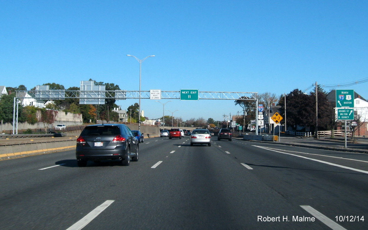 Image of newly placed VMS and exit sign on new overhead gantry on I-93 North in Milton