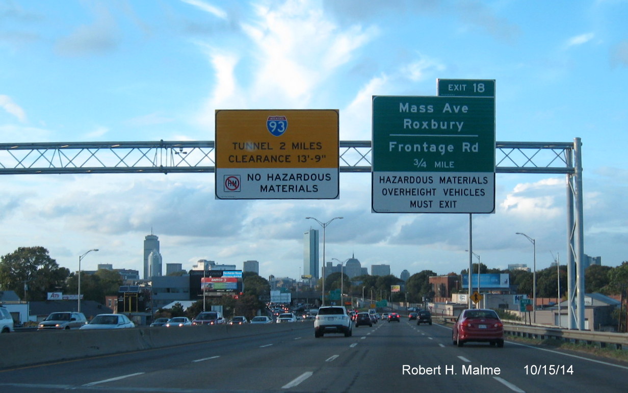 Image of first new overhead exit sign for Exit 18 on I-93 North in Boston