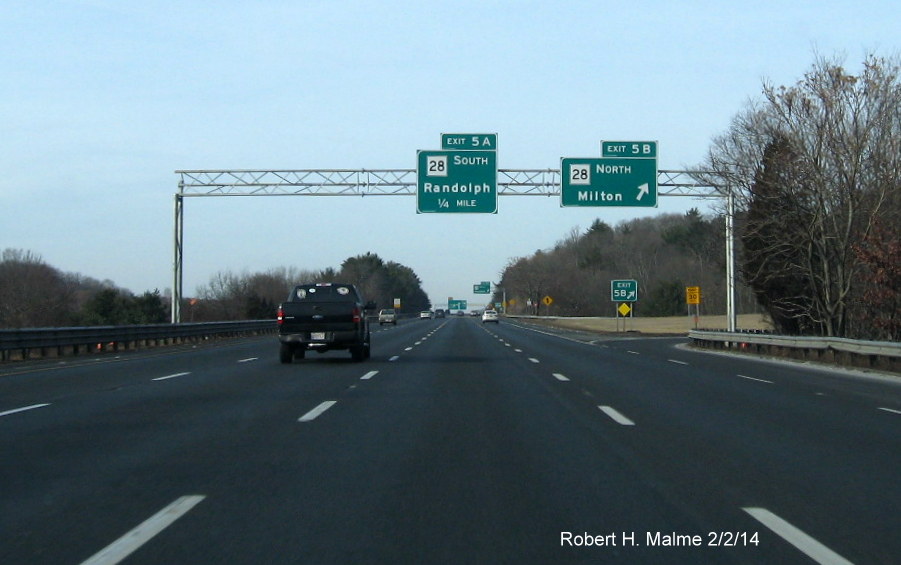 Image of new overhead signage for MA 28 exit on I-93 South in Randolph