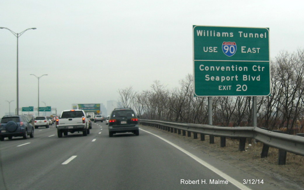 Image of new Exit 20 auxiliary sign near Columbia Rd in South Boston