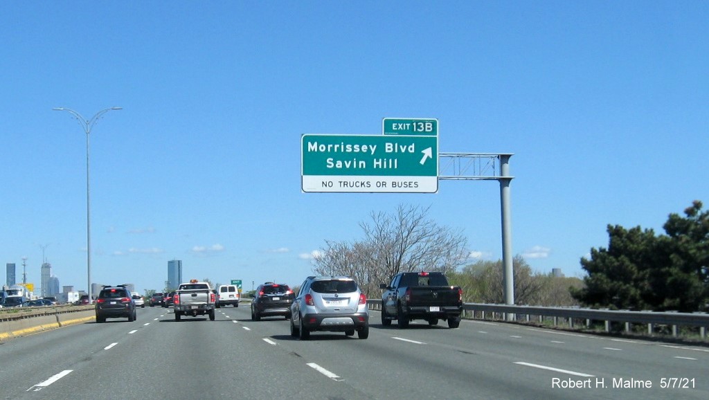 Image of overhead ramp sign for Morrissey Blvd. exit with new milepost based exit number on I-93/Southeast Expressway North in Dorchester, May 2021