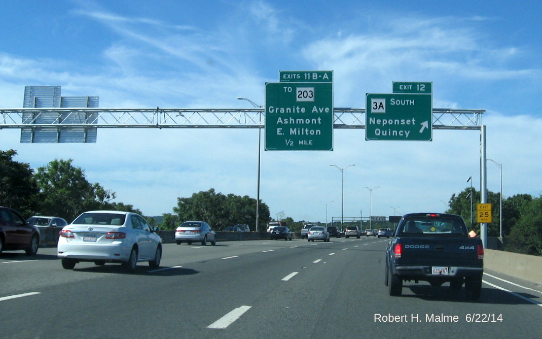 Image of new overhead signs at the off-ramp for Exit 12 on I-93 South in Boston