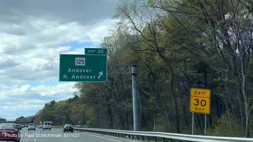 Image of overhead ramp sign for MA 125 exit with new milepost based exit number on I-93 North in Andover, by Paul Schlichtman, May 2021
