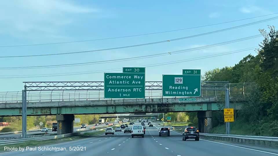 Image of 1/2 Mile advance sign for MA 129 exit with new milepost based exit number on I-93 North in Wilmington, by Paul Schlichtman, May 2021