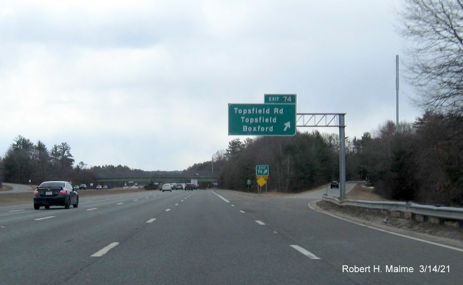 Image of overhead ramp sign for Topsfield Road with new milepost based exit number on I-95 South in Boxford, March 2021
