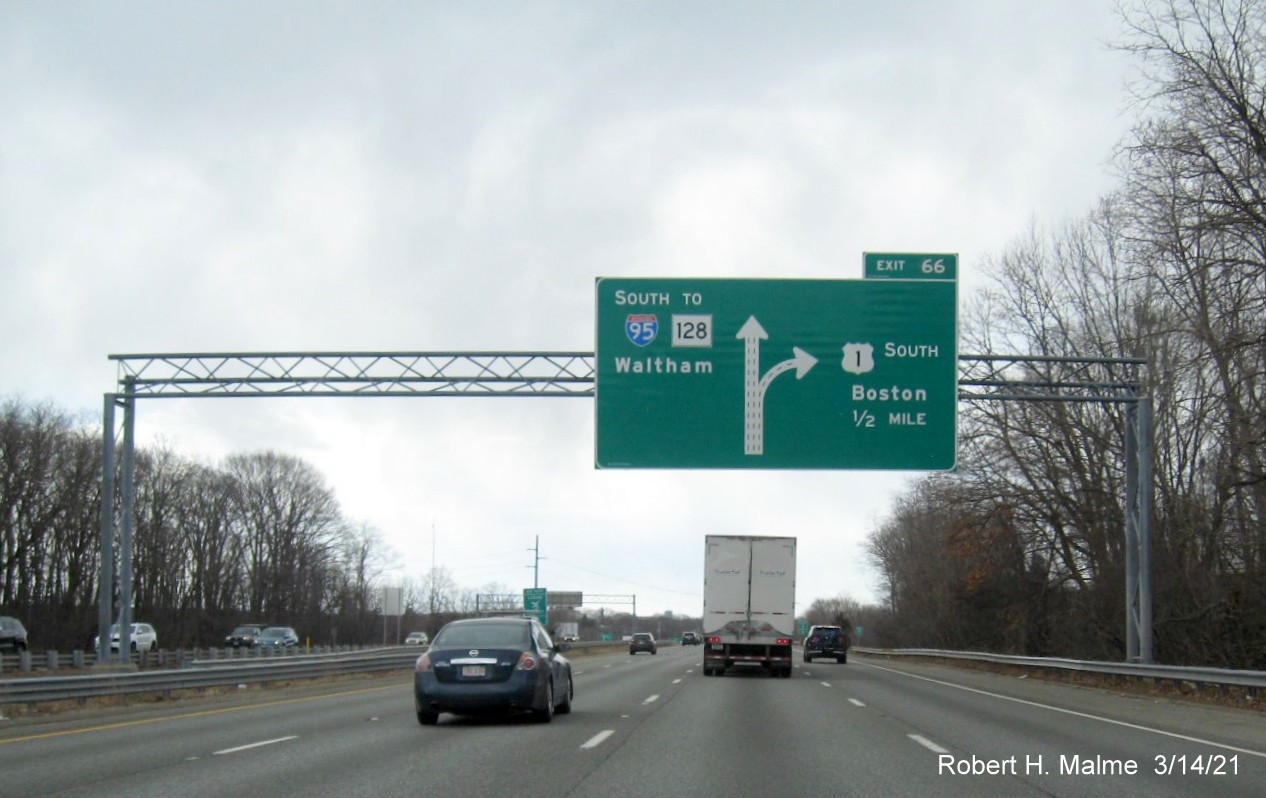 Image of 1/2 mile advance diagrammatic sign for US 1 South exit with new milepost based exit number on I-95 South in Danvers, March 2021