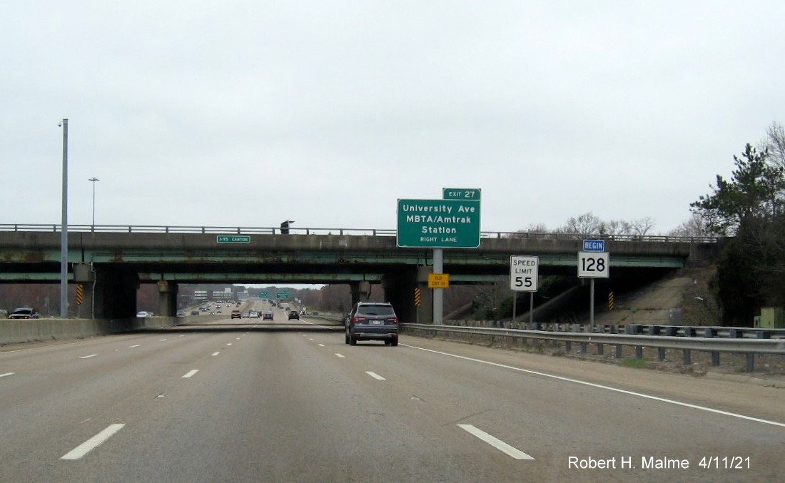 Image of 1/2 Mile advance overhead center post sign for University Avenue exit with new milepost based exit number on US 1 South/MA 128 North in Canton, April 2021
