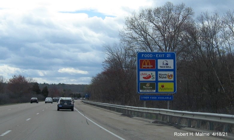 Image of blue Food Services sign for Coney Street exit with new milepost based exit number on I-95 South in Sharon, April 2021