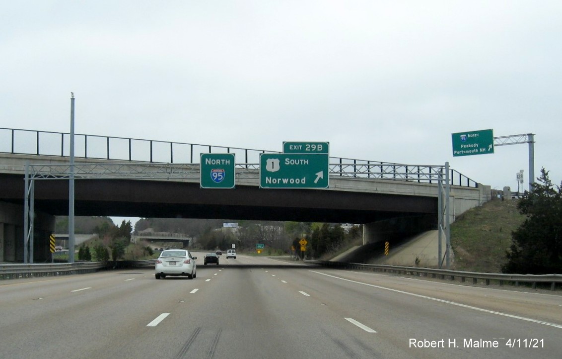 Image of overhead signage at ramp for US 1 South exit with new milepost based exit numbers on I-95/MA 128 North, US 1 South in Dedham, April 2021