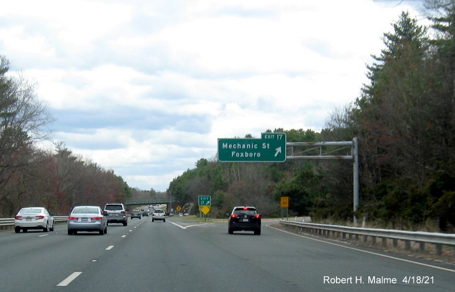 Image of overhead ramp sign for Mechanic Street exit with new milepost exit number on I-95 South in Foxboro, April 2021