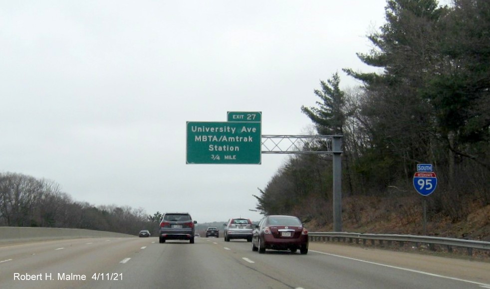 Image of 1/2 Mile advance overhead sign for University Avenue exit with new milepost based exit number on I-95/MA 128 South, US 1 North in Canton, April 2021