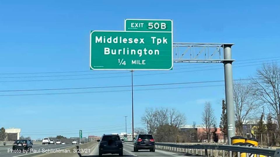 Image of overhead signage on C/D lanes at ramp for Middlesex Turnpike exit with new milepost based exit number on I-95/MA 128 North in Burlington, by Paul Schlichtman, March 2021