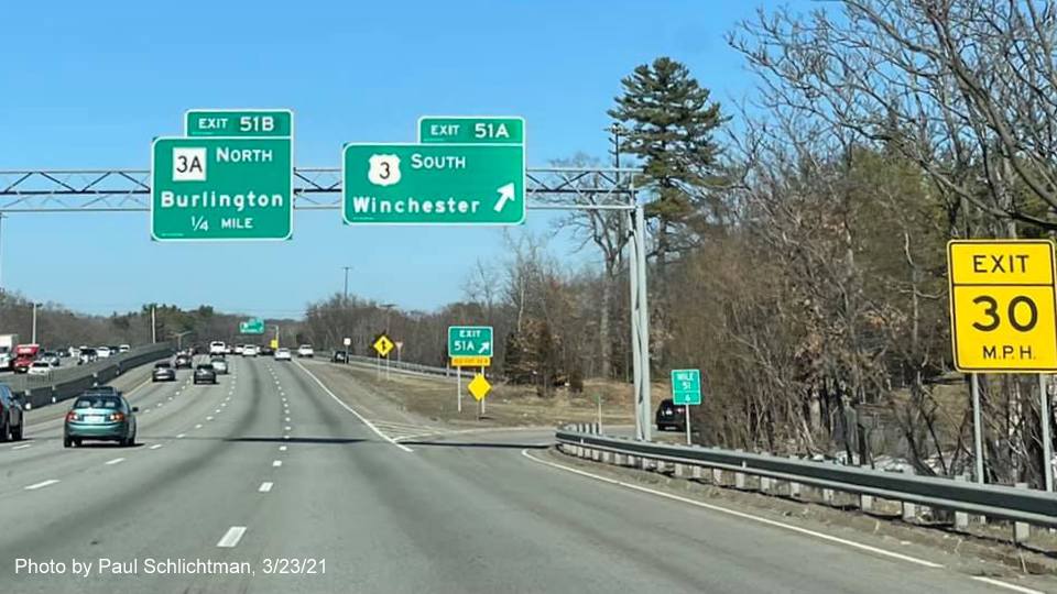 Image of overhead signage at ramp for US 3 South exit with new milepost based exit number on I-95/MA 128 North in Burlington, by Paul Schlichtman, March 2021