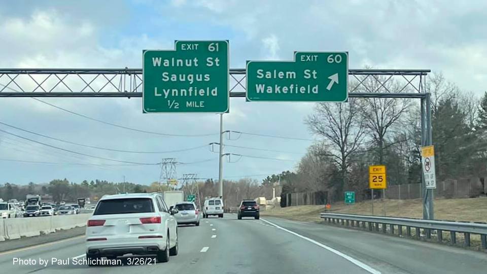Image of overhead signage at ramp for Salem Street exit with new milepost based exit numbers on I-95/MA 128 North in Wakefield, by Paul Schlichtman, March 2021