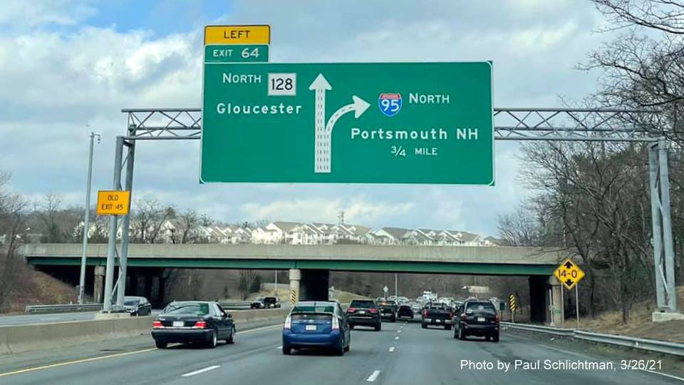 Image of 3/4 mile advance diagramattic sign for MA 128 North exit with new milepost based exit number on I-95 North in Peabody, March 2021