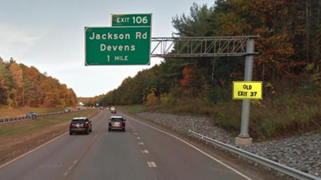 MassDOT illustration of new exit renumbering for Jackson Road exit on MA 2 East in Ayer, October 2020