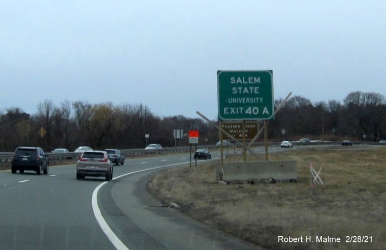 Image of auxiliary sign for MA 114 East exit with new milepost based exit number on MA 128 South in Peabody, February 2021