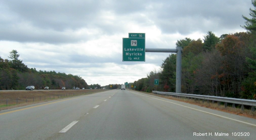 Image of 1/2 mile advance overhead sign for MA 79 exit now with new milepost based exit number on MA 140 South in Taunton, October 2020
