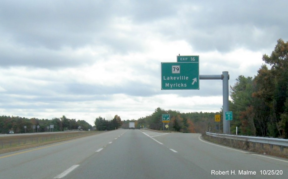 Image of overhead ramp sign for MA 79 exit now with new milepost based exit number on MA 140 South in Taunton, October 2020