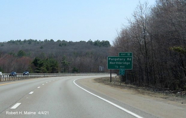 Image of 1/2 Mile advance sign for Purgatory Road exit with new milepost based exit number on MA 146 South in Northbridge, April 2021