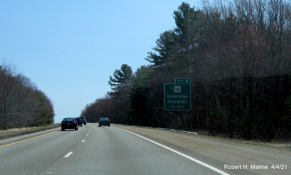Image of 1/2 Mile advance sign for MA 16 exit with new milepost based exit number on MA 146 South in Uxbridge, April 2021