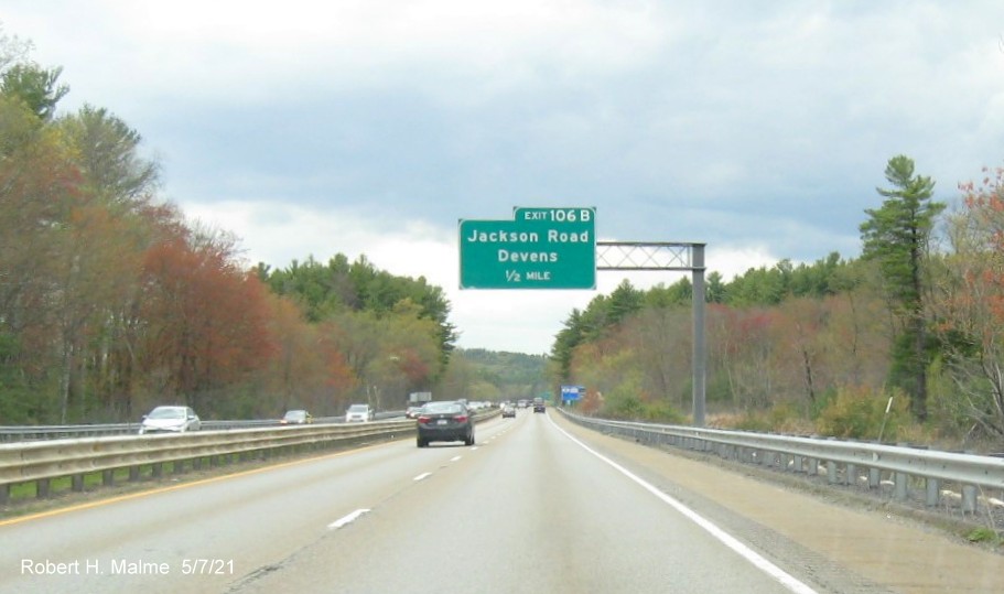 Image of 1/2 mile advance sign for Jackson Road exit with new milepost based exit number on MA 2 West in Ayer, May 2021