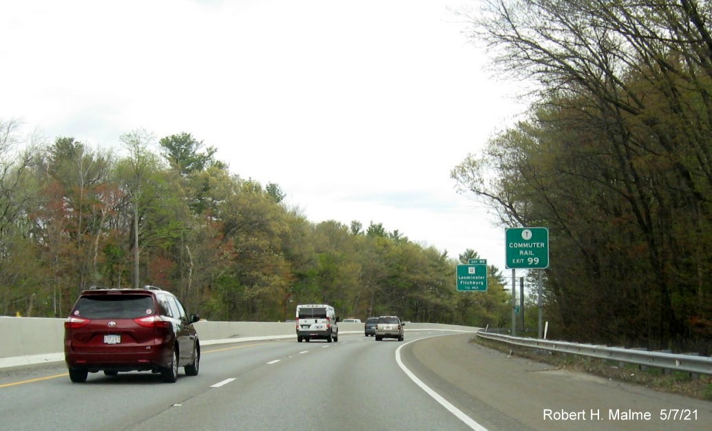 Image of auxililary sign for MA 12 exit with new milepost based exit number on MA 2 East in Leominster, May 2021