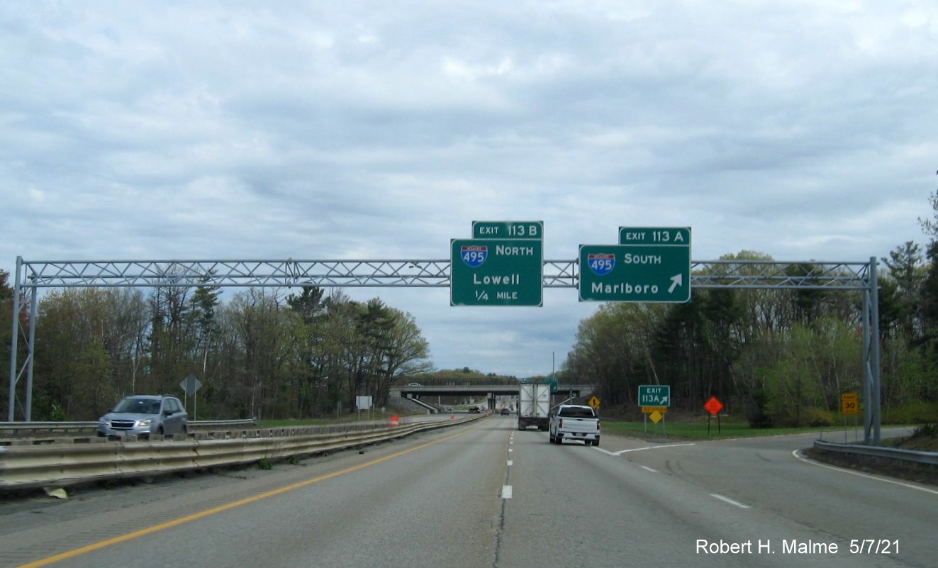 Image of overhead signage at ramp for I-495 South exit with new milepost based exit number on MA 2 East in Littleton, May 2021