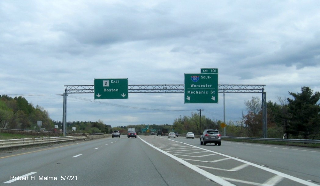 Image of overhead ramp sign for I-190 South exit with new milepost based exit number on MA 2 East in Leominster, May 2021
