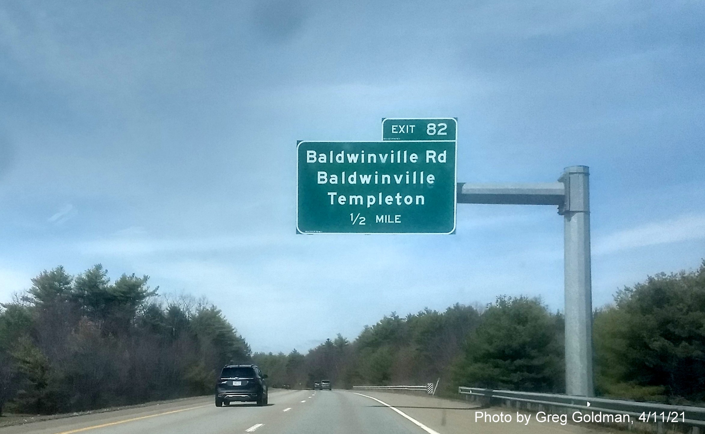 Image of 1/2 Mile advance sign for Baldwinville Road exit with new milepost based exit number on MA 2 West in Templeton, by Greg Goldman, April 2021