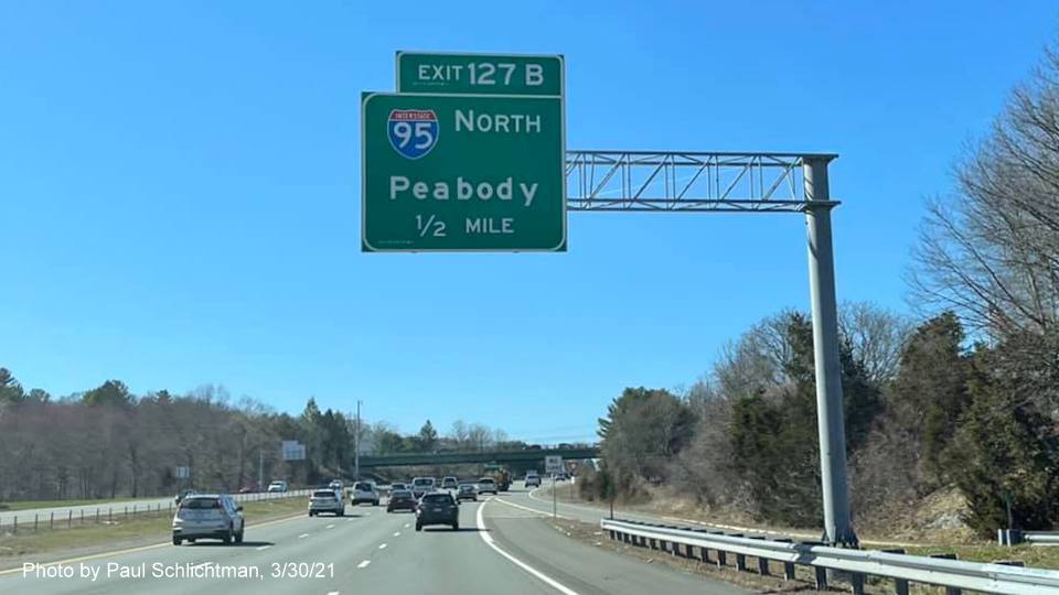 Image of 1/2 Mile advance overhead sign for I-95/MA 128 North exit with new milepost based exit number on MA 2 West in Lexington, by Paul Schlichtman, March 2021