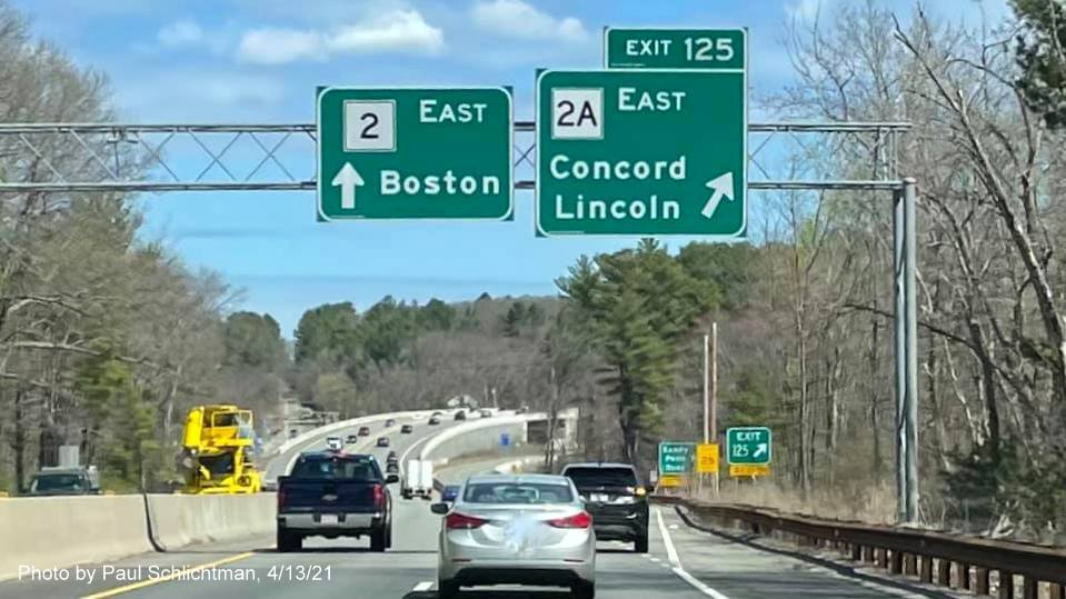 Image of overhead signage at ramp for MA 2A East exit with new milepost based exit number on MA 2/2A East in Concord, by Paul Schlichtman, April 2021