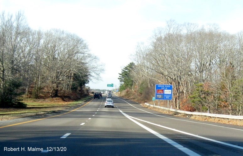 Image of auxiliary sign for Long Pond Road exit with new milepost based exit number on MA 3 North in Plymouth, December 2020