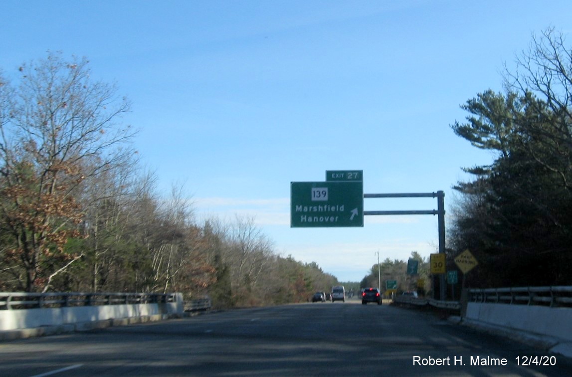 Image of overhead ramp sign for MA 139 exit with new milepost based exit number on MA 3 South in Marshfield, December 2020