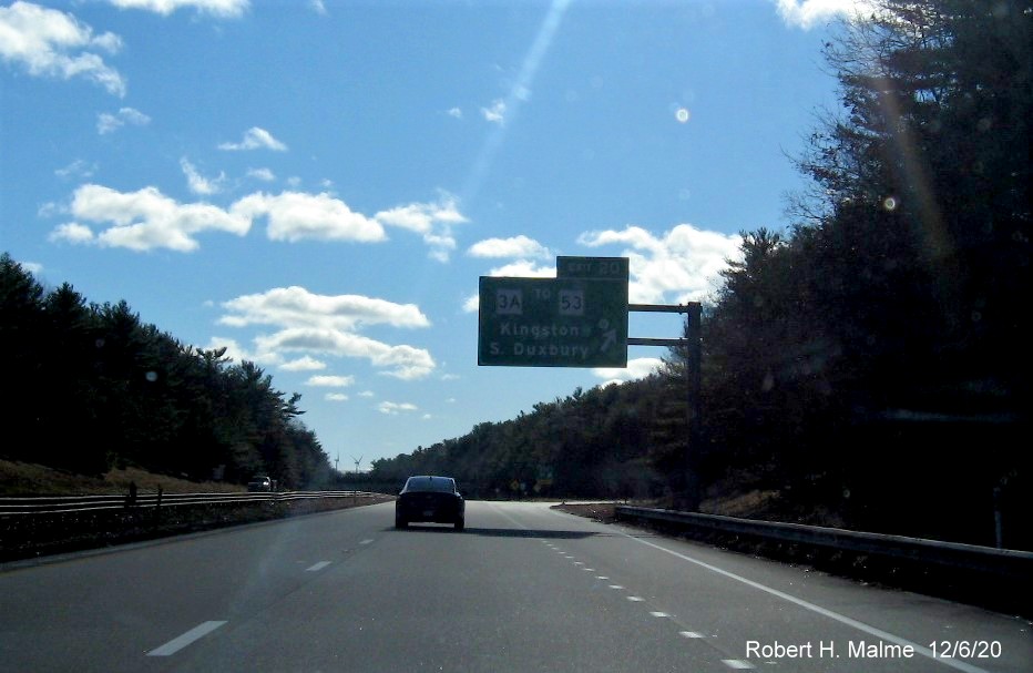 Image of the overhead sign for MA 3A to MA 53 exit with new milepost based exit number on MA 3 South in Kingston, December 2020