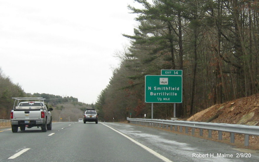Image of ground mounted 1/2 mile advance sign with new milepost based exit number for RI 146A exit on RI 146 South in North Smithfield