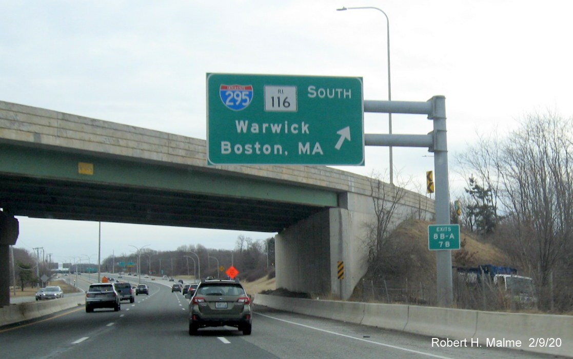 Image of new milepost exit sign on support for I-295/RI 116 ramp sign on RI 146 South in Lincoln
